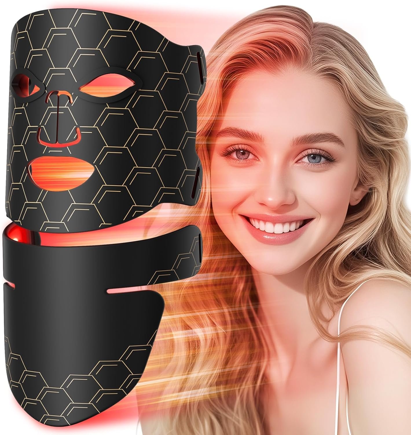 Red Light Therapy for Face,LED Face Mask Light Therapy with Neck Device,240 Light Beads,Remoter Rechargeable,Infrared Red Light Therapy Mask for Home Working Travel Yoga Sleep (Midnight Black)