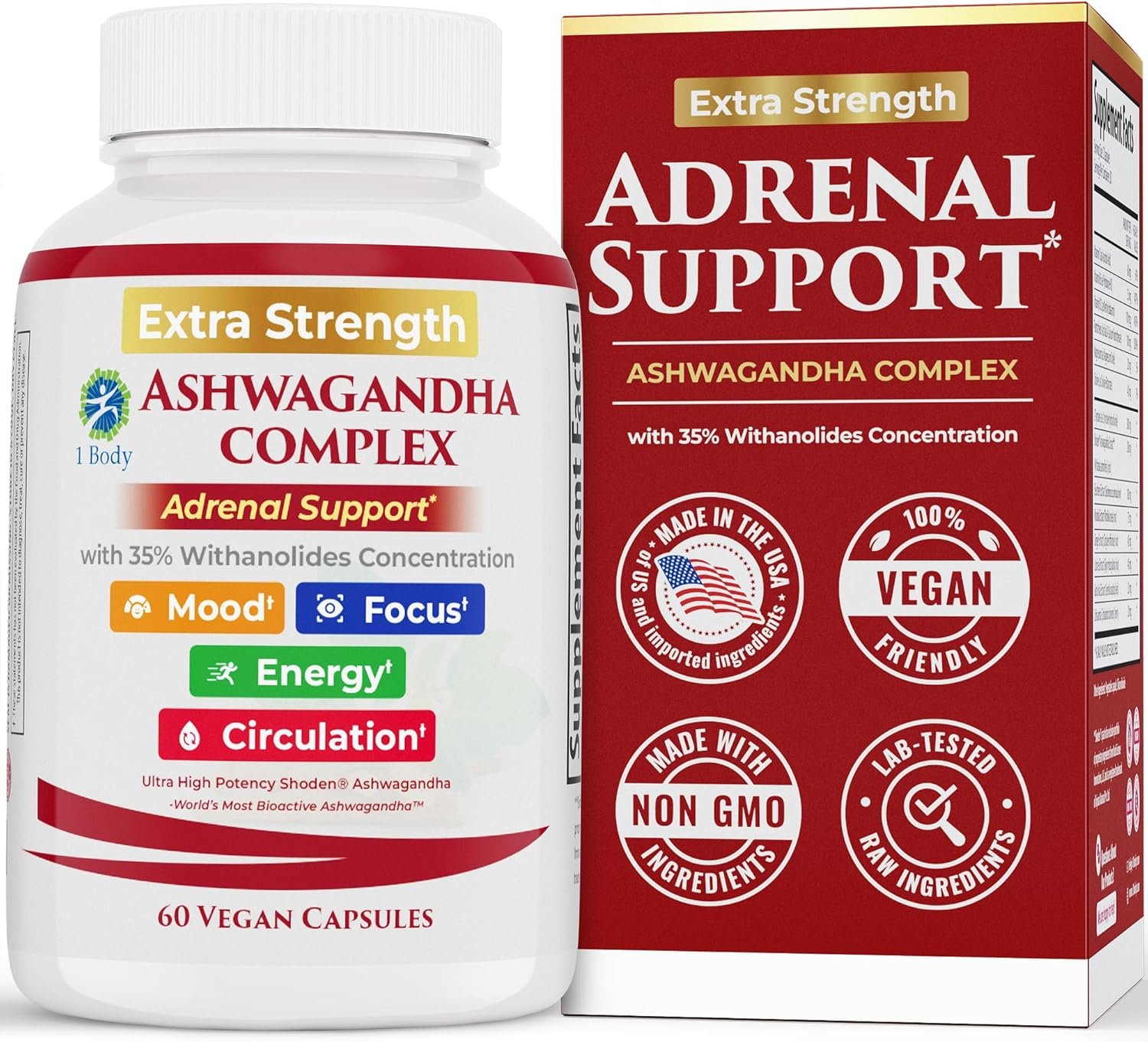 1 Body Adrenal Support Supplement – Ashwagandha Adrenal Complex for Stress, Energy & Mood – Adaptogens with Rhodiola, Eleuthero & B Vitamins – Adrenal Fatigue Support – 60 Vegan Capsules