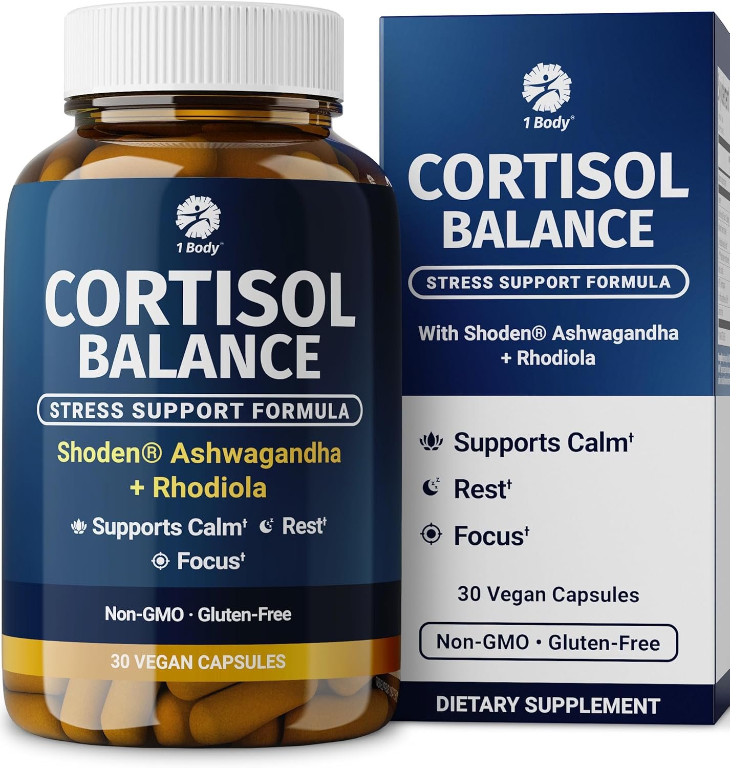 1 Body Cortisol Support for Women & Men – Ashwagandha, Phosphatidylserine & Saffron – Stress Relief, Calm Mood, Balanced Energy & Sleep Support – Vegan