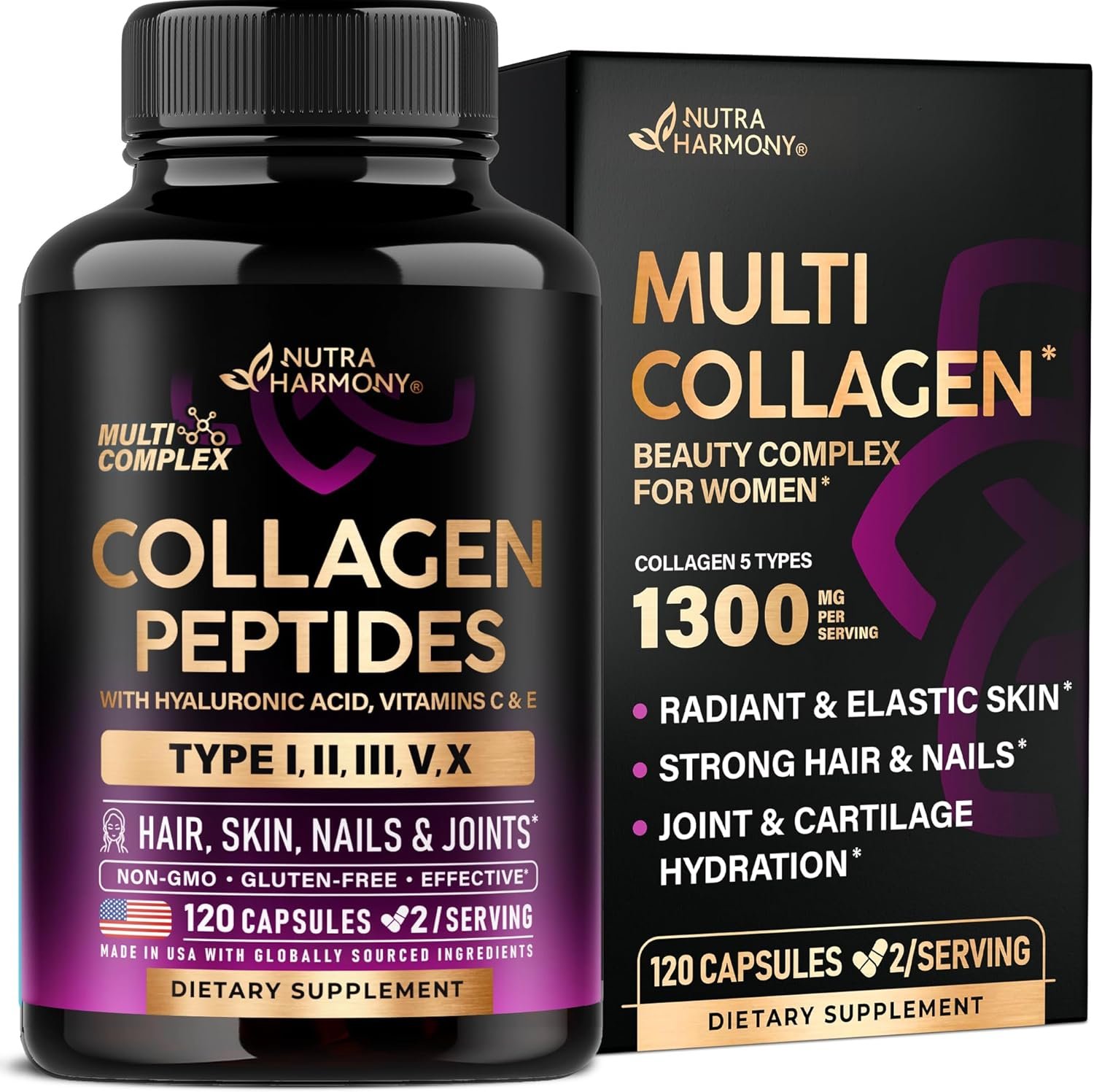 Multi Collagen Peptides – Hydrolyzed Types I, II, III, V & X – Collagen Supplement for Women 1300mg – w/ Hyaluronic Acid, Vitamins C & E – Skin, Hair, Nails & Joint Support – Made in USA, 120 Capsules