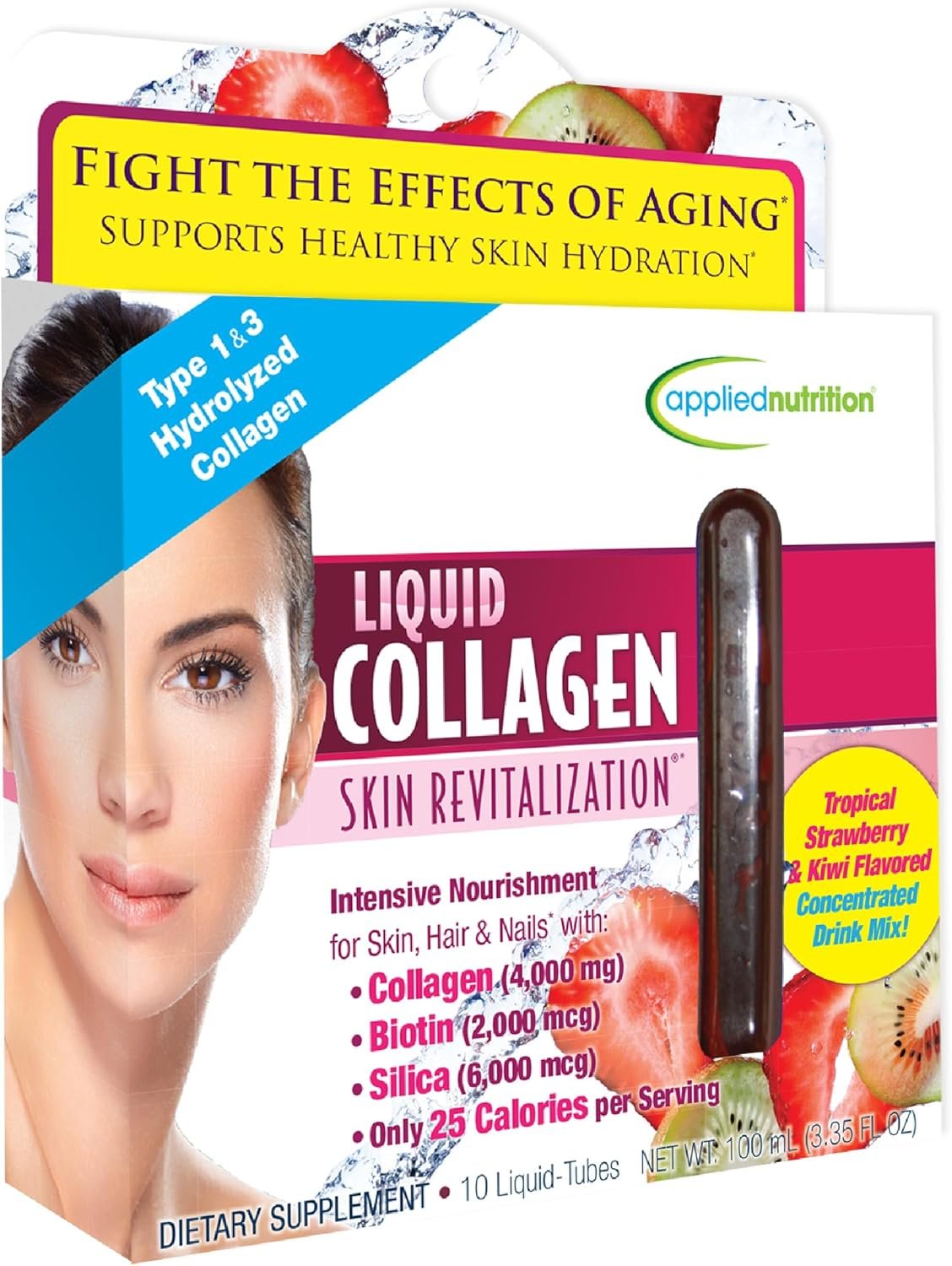 Applied Nutrition Liquid Collagen Skin Revitalization – 10 Liquid Tubes – Collagen, Biotin & Silica – Tropical Strawberry & Kiwi Flavor – 10 Servings
