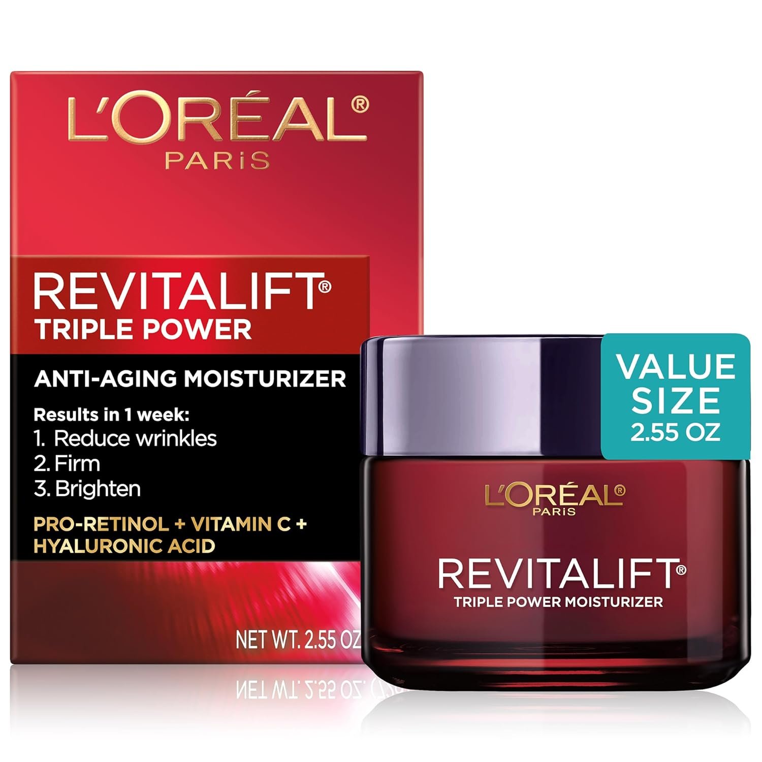 L’Oreal Paris Revitalift Triple Power Anti-Aging Face Moisturizer, Pro Retinol, Hyaluronic Acid & Vitamin C to Reduce Wrinkles, Firm & Brighten Skin, 1.7 Oz