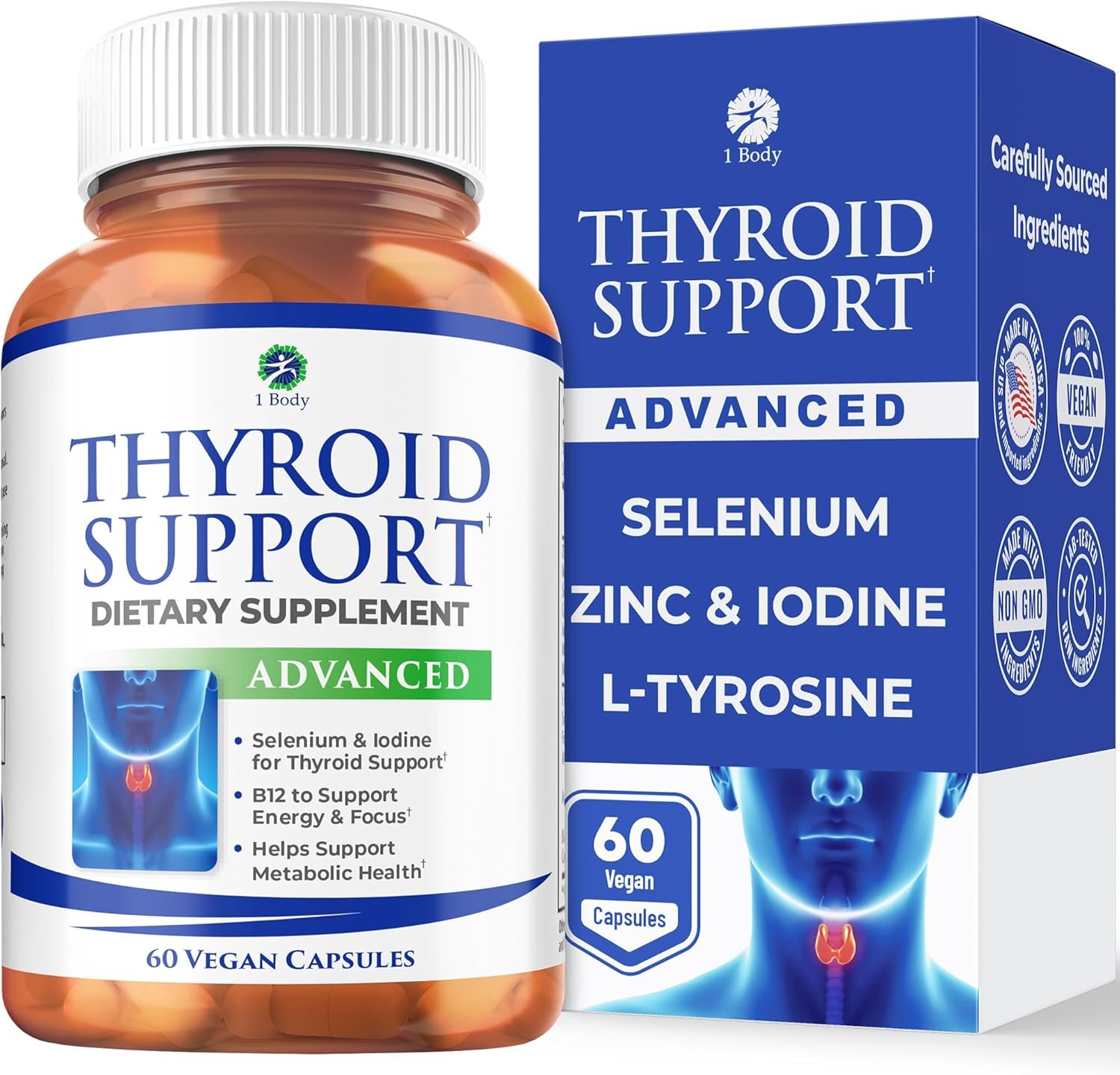 1 Body Thyroid Support Supplement for Women and Men, Selenium with Iodine, Zinc, B12, Ashwagandha and L-Tyrosine, Supports Hormone Health, Energy and Metabolism, 30 Day Supply