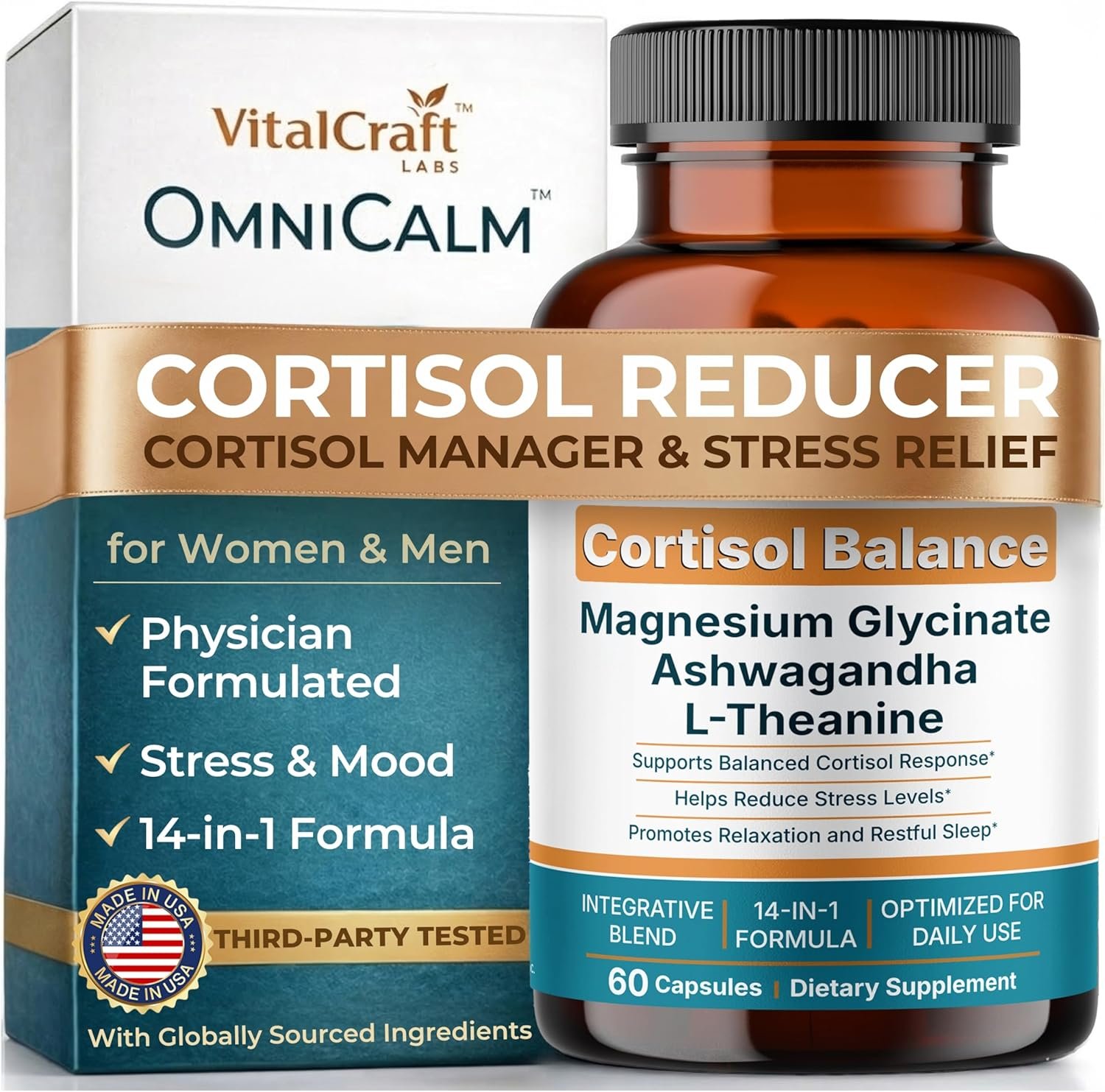 OmniCalm Cortisol Supplements for Women & Men | Cortisol Reducer & Manager with Sensoril Ashwagandha, Suntheanine L-Theanine, Magnesium Glycinate | Physician-Formulated 14-in-1 Stress Relief – USA