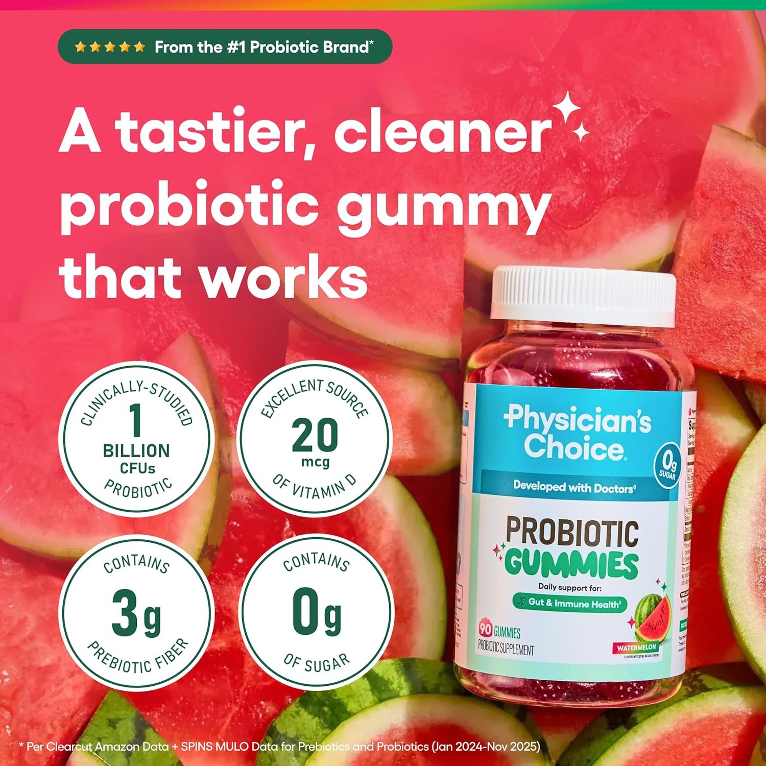 Physician’s CHOICE Probiotic Gummies with Vitamin D & Prebiotic Fiber – Sugar Free – 1B CFUs of Clinically Studied Probiotic – Supports Immune & Gut Health for Women & Men – Watermelon Flavor – 90CT