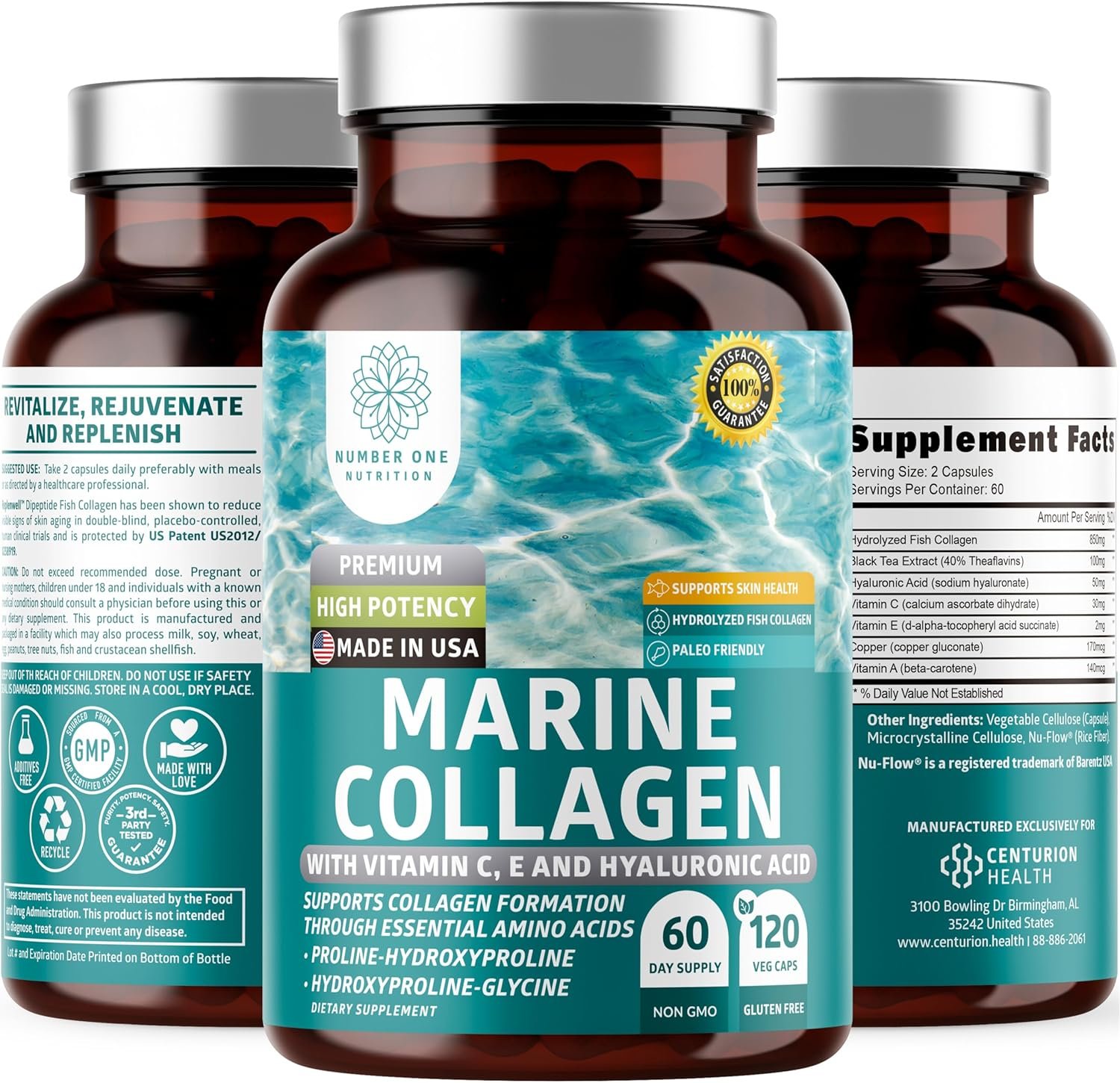 Hydrolyzed Marine Collagen with Hyaluronic Acid, Vitamin C, Theaflavin and Copper, Collagen Supplement for Women and Men for Radiant Skin, Hair & Nails, Gluten Free and Non-GMO, 120 Veg Caps